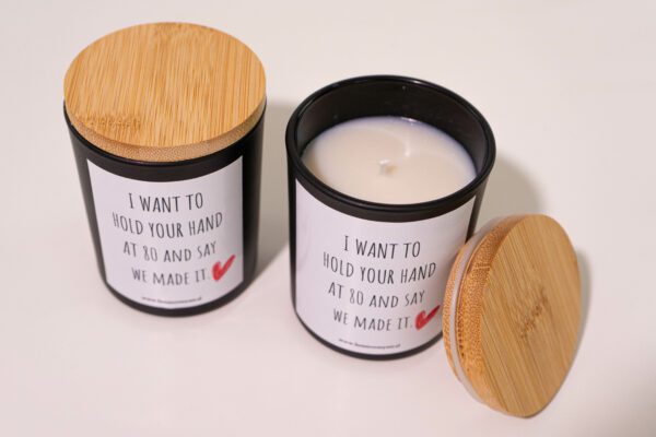 I Want To Hold Your Hand At 80 And Say We Made It Personalized Candle - Black Jar 200ml - Image 4