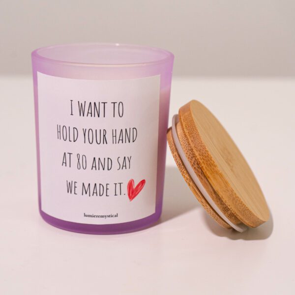 I Want To Hold Your Hand At 80 And Say We Made It Personalized Candle - Purple Jar 200ml - Image 2