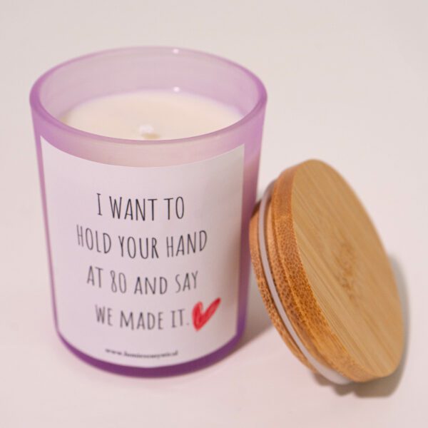 I Want To Hold Your Hand At 80 And Say We Made It Personalized Candle - Purple Jar 200ml - Image 3