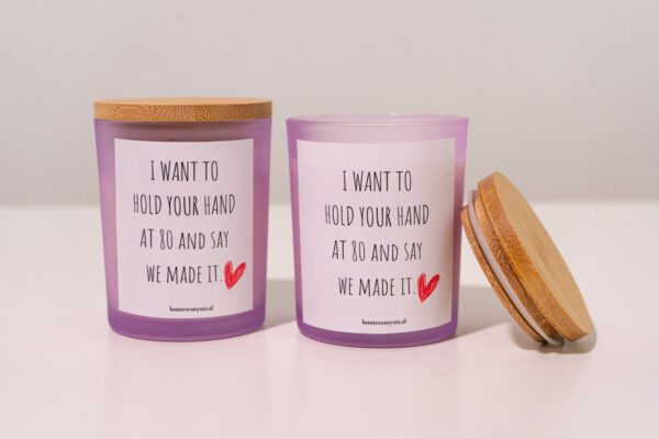 I Want To Hold Your Hand At 80 And Say We Made It Personalized Candle - Purple Jar 200ml - Image 4